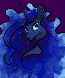 Size: 2500x3000 | Tagged: safe, artist:greyscaleart, derpibooru exclusive, princess luna, alicorn, pony, g4, constellation freckles, ethereal mane, female, freckles, high res, looking at you, mare, purple background, simple background, solo, starry mane