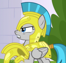 Size: 564x539 | Tagged: safe, screencap, windstorm, pegasus, pony, g4, sparkle's seven, angry, armor, background pony, cropped, female, guardsmare, helmet, hoof shoes, mare, pegasus royal guard, royal guard, royal guard armor, solemn canterlot marshal, solo, teeth