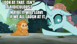 Size: 924x532 | Tagged: safe, edit, edited screencap, screencap, ocellus, pukwudgie, g4, school daze, caption, image macro, impact font, looking at you, pointing, ponified meme, sam and max, talking to viewer, text
