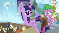 Size: 1920x1080 | Tagged: safe, screencap, spike, twilight sparkle, alicorn, dragon, pony, g4, the point of no return, discovery family logo, picture frame, twilight sparkle (alicorn), twilight sparkle is not amused, unamused, winged spike, wings