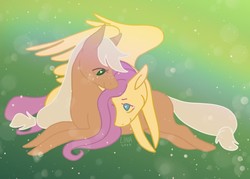 Size: 1280x914 | Tagged: safe, artist:gayncient, applejack, fluttershy, earth pony, pegasus, pony, g4, abstract background, female, floppy ears, heart eyes, lesbian, looking at each other, mare, missing accessory, missing cutie mark, pony pile, prone, ship:appleshy, shipping, smiling, wingding eyes