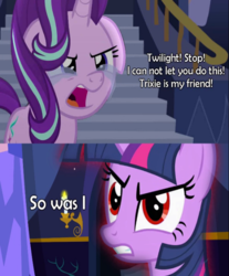 Size: 541x652 | Tagged: safe, edit, edited screencap, screencap, starlight glimmer, trixie, twilight sparkle, pony, feeling pinkie keen, g4, no second prances, avengers, betrayal, betrayed, captain america: civil war, civil war, red eyes, sin of pride, sin of wrath