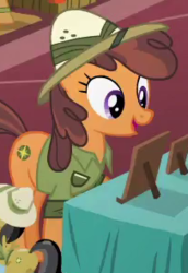 Size: 203x295 | Tagged: safe, screencap, cardinal point, earth pony, pony, g4, stranger than fan fiction, background pony, clothes, cosplay, costume, cropped, female, hat, mare, pith helmet, shirt, solo