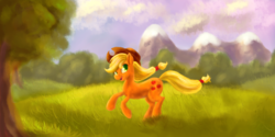 Size: 2732x1370 | Tagged: safe, artist:arurein, applejack, earth pony, pony, g4, cute, female, grass, jackabetes, looking back, mare, meadow, open mouth, running, solo