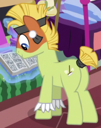 Size: 369x469 | Tagged: safe, screencap, escoba verde, earth pony, pony, g4, stranger than fan fiction, background pony, butt, clothes, cosplay, costume, cropped, face paint, male, plot, short tail, solo, stallion, tail wrap, tribal pony