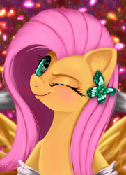 Size: 4550x6300 | Tagged: safe, artist:darksly, fluttershy, pegasus, pony, g4, absurd resolution, blushing, bust, cute, female, heart, looking at you, one eye closed, portrait, shyabetes, smiling, solo, spread wings, wings, wink
