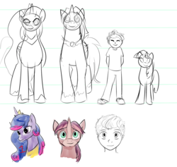 Size: 1900x1800 | Tagged: safe, artist:candyclumsy, oc, oc:king speedy hooves, oc:queen galaxia (bigonionbean), oc:tommy the human, alicorn, human, pony, alicorn oc, commissioner:bigonionbean, fusion, fusion:big macintosh, fusion:flash sentry, fusion:princess cadance, fusion:princess celestia, fusion:princess luna, fusion:shining armor, fusion:trouble shoes, fusion:twilight sparkle, human oc, royalty, size comparison, sketch, sketch dump