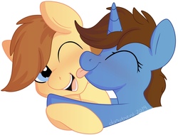 Size: 1977x1505 | Tagged: safe, artist:donutnerd, oc, oc only, oc:tech magic, earth pony, pony, unicorn, blushing, brown mane, couple, face licking, female, friendship, happy, licking, male, mare, one eye closed, playful, stallion, tongue out