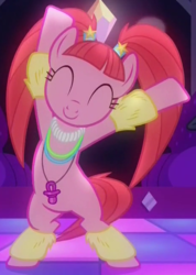 Size: 464x652 | Tagged: safe, screencap, pacific glow, earth pony, pony, g4, the saddle row review, bipedal, cute, dancing, eyes closed, female, glowbetes, glowing necklace, leg warmers, mare, pacifier, pigtails, smiling, twintails