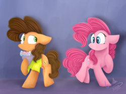 Size: 2732x2048 | Tagged: safe, artist:lavand3r-arts, artist:lynchristina, cheese sandwich, pinkie pie, earth pony, pony, g4, abstract background, bouquet, chibi, clothes, collaboration, female, floppy ears, high res, hoof hold, hoof on chest, looking at each other, male, mare, ship:cheesepie, shipping, shirt, sidemouth, smiling, stallion, straight, three quarter view