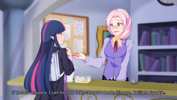 Size: 1280x720 | Tagged: safe, artist:jonfawkes, dusty pages, twilight sparkle, human, g4, the point of no return, backpack, clothes, desk, elf ears, humanized, library, open mouth, scene interpretation, subtitles, unicorns as elves