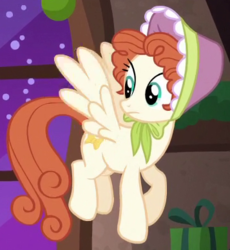 Size: 357x388 | Tagged: safe, screencap, bow bonnet, pegasus, pony, a hearth's warming tail, g4, background pony, bonnet, cropped, female, flying, mare, solo, the little redheaded mare
