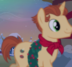 Size: 972x901 | Tagged: safe, screencap, holly wreath, pony, unicorn, a hearth's warming tail, g4, background pony, blurry, cropped, male, neckerchief, op i can't see shit, solo, stallion, wreath