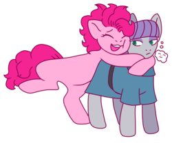 Size: 600x500 | Tagged: safe, artist:guidomista, derpibooru exclusive, maud pie, pinkie pie, earth pony, pony, g4, affection, cheek squish, chibi, clothes, curly hair, curly mane, curly tail, dress, eyelashes, eyes closed, family, female, gray, green eyes, grin, hug, love, mare, pink, purple, sibling love, siblings, simple, simple background, sister, sisterly love, sisters, smiling, squishy cheeks, standing, standing on one leg, straight hair, straight mane, teeth, transparent background