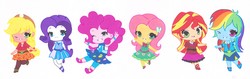 Size: 3460x1096 | Tagged: safe, artist:ocean-drop, applejack, fluttershy, pinkie pie, rainbow dash, rarity, sunset shimmer, equestria girls, g4, chibi, cute, humane five, looking at you, one eye closed, smiling, wink