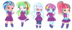Size: 2672x1132 | Tagged: safe, artist:ocean-drop, indigo zap, lemon zest, sour sweet, sugarcoat, sunny flare, equestria girls, g4, chibi, clothes, crossed arms, crystal prep academy uniform, crystal prep shadowbolts, cute, goggles, headphones, looking at you, one eye closed, school uniform, shadow five, simple background, smiling, white background, wink