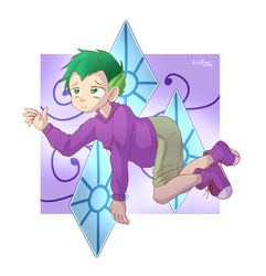 Size: 2479x2571 | Tagged: safe, artist:artyfour, spike, human, g4, child, clothes, converse, cutie mark, floating, full body, green eyes, green hair, heart, heart eyes, high res, human spike, humanized, implied rarity, implied shipping, implied sparity, implied straight, male, shirt, shoes, shorts, sneakers, solo, wingding eyes
