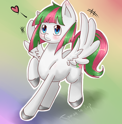 Size: 1177x1200 | Tagged: safe, artist:tomat-in-cup, blossomforth, pegasus, pony, g4, abstract background, adoraforth, blushing, colored hooves, cute, female, flapping wings, gradient background, heart, mare, raised hoof, solo, spread wings, wings