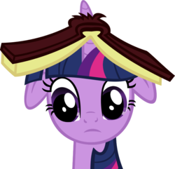 Size: 643x621 | Tagged: safe, artist:fallingferret, twilight sparkle, pony, unicorn, g4, secret of my excess, book, book hat, bust, female, floppy ears, frown, horn, horn impalement, mare, simple background, solo, transparent background, unicorn twilight, vector