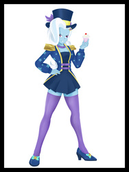 Size: 5100x6800 | Tagged: safe, artist:kenuma, trixie, equestria girls, equestria girls series, street magic with trixie, spoiler:eqg series (season 2), barrette, beautiful, beautisexy, breasts, cherry, cleavage, clothes, collar, cropped, cupcake, cute, diatrixes, dressing, epaulettes, female, food, fuirt, hairclip, hairpin, hand on hip, hat, high heels, jacket, leaked episode, legs, miniskirt, purple eyes, shoes, short dress, skirt, smiling, solo, stockings, thigh highs, thighs, top hat, trixie's hat, white hair, zettai ryouiki