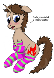 Size: 513x742 | Tagged: safe, artist:powerlessblade, oc, oc only, pony, blushing, clothes, cute, floppy ears, simple background, socks, solo, striped socks, transparent background