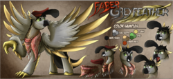 Size: 1919x882 | Tagged: safe, artist:jamescorck, oc, oc only, oc:faber greyfeather, hippogriff, quail, beak, hat, hippogriff oc, hooves, male, reference sheet, shemagh, solo, stallion, talons, two toned tail, two toned wings