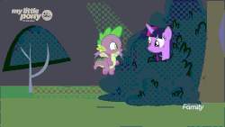 Size: 1920x1080 | Tagged: safe, screencap, spike, sweet biscuit, twilight sparkle, alicorn, dragon, pony, unicorn, g4, the point of no return, absurd file size, absurd gif size, animated, female, flying, gif, hiding, jumping, male, mare, saddle bag, surprised, twilight sparkle (alicorn), winged spike, wings