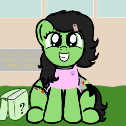 Size: 2000x2000 | Tagged: safe, artist:redcrow32, oc, oc only, oc:filly anon, earth pony, pony, apron, baby bottle, bottle, building, clothes, cute, diaper, diaper bag, female, filly, grass, hairpin, happy, high res, looking at you, pacifier, pin, question mark, sitting, smiling, solo, teeth, text, the ass was fat, thick, thighs, wide hips