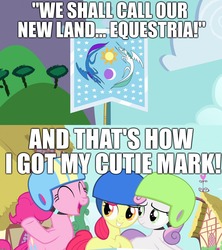 Size: 1920x2160 | Tagged: safe, edit, edited screencap, screencap, apple bloom, pinkie pie, sweetie belle, earth pony, pony, g4, hearth's warming eve (episode), season 1, season 2, the cutie mark chronicles, and that's how equestria was made, caption, cutie mark, equestria, female, filly, flag of equestria, hearth's warming, hearth's warming eve, helmet, image macro, mare, text