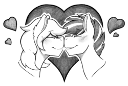 Size: 3850x2600 | Tagged: safe, artist:denzel, oc, oc only, oc:arctic, oc:stratosphere, pony, blushing, bust, cute, eyes closed, gay, gray, grayscale, heart, love, male, monochrome, nuzzling, romance, romantic, simple background, smiling, spiky hair, spiky mane, stallion, streaked mane, striped mane, traditional art, white background