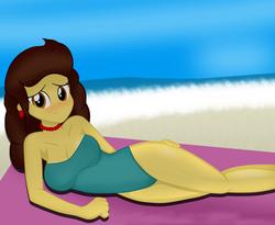 Size: 2200x1804 | Tagged: safe, artist:danielitamlp, oc, oc only, oc:flower melody, equestria girls, g4, beach, beach towel, blushing, breasts, cleavage, clothes, equestria girls-ified, female, looking at you, lying down, ocean, one-piece swimsuit, smiling, solo, swimsuit