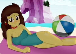Size: 1024x737 | Tagged: safe, alternate version, artist:danielitamlp, oc, oc only, oc:flower melody, equestria girls, g4, beach, beach ball, beach towel, blushing, breasts, cleavage, clothes, equestria girls-ified, female, looking at you, lying down, ocean, one-piece swimsuit, smiling, solo, swimsuit