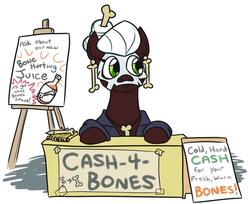 Size: 1096x896 | Tagged: safe, artist:jargon scott, oc, oc only, oc:the bone mare, earth pony, pony, bone, bone hurting juice, ear piercing, earring, female, futurama, idiocracy, jewelry, lemonade stand, male, mare, notepad, piercing, skull, solo