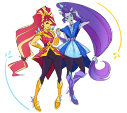 Size: 1280x1141 | Tagged: safe, artist:jomarston, rarity, sunset shimmer, equestria girls, g4, my little pony equestria girls: legend of everfree, boots, crystal guardian, geode of empathy, geode of shielding, high heel boots, magical geodes, ponied up, ponytail, shoes, simple background, white background