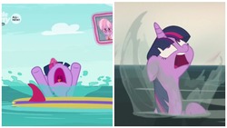 Size: 1920x1080 | Tagged: safe, screencap, dusty pages, spike, twilight sparkle, alicorn, dragon, pony, g4, my little pony: the movie, the point of no return, discovery family logo, fail, female, gasp, gasping, glowing horn, hooves in air, hooves up, horn, magic, male, mare, nose in the air, open mouth, splash, telekinesis, twilight sparkle (alicorn), water, windsurfing, winged spike, wings