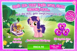 Size: 1039x691 | Tagged: safe, gameloft, raspberry dazzle, pony, g4, advertisement, braid, costs real money, female, filly, introduction card, sale