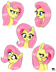 Size: 6000x7600 | Tagged: safe, artist:radiancebreaker, fluttershy, pony, g4, absurd resolution, blushing, bust, expressions, female, glare, hooves to the chest, looking at you, mare, portrait, simple background, smiling, solo, surprised, unamused, white background