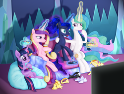 Size: 3104x2376 | Tagged: safe, artist:lifesharbinger, princess cadance, princess celestia, princess luna, twilight sparkle, alicorn, pony, g4, alicorn tetrarchy, alternate hairstyle, controller, couch, cup, drink, drinking, female, gift art, high res, hoof hold, hoof shoes, joystick, levitation, magic, open mouth, ponytail, royal sisters, straw, telekinesis, television, twilight sparkle (alicorn)