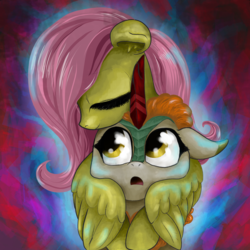 Size: 2000x2000 | Tagged: safe, artist:t72b, derpibooru exclusive, autumn blaze, fluttershy, kirin, pegasus, pony, abstract background, awwtumn blaze, bust, cute, duo, eyes closed, female, fire, hug, hug from behind, looking up, mare, portrait, surprised, winghug