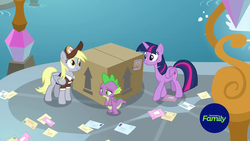 Size: 1920x1080 | Tagged: safe, screencap, derpy hooves, spike, twilight sparkle, alicorn, dragon, pony, g4, the point of no return, letter, package, twilight sparkle (alicorn), winged spike, wings