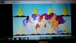 Size: 1280x720 | Tagged: safe, screencap, apple bloom, babs seed, scootaloo, sweetie belle, pony, g4, one bad apple, channel, computer, cutie mark crusaders, eyes closed, female, filly, icon, internet explorer, laptop computer, microsoft, microsoft windows, picture of a screen, quick, the hub, toshiba, toshiba satellite, video, windows 7, youtube