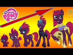 Size: 480x360 | Tagged: safe, tempest shadow, pony, g4, my little pony: the movie, arrow, evolution, gold background, growing up, logo, simple background