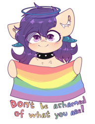 Size: 2000x2600 | Tagged: safe, artist:etoz, oc, oc only, oc:dream star, pony, blushing, collar, cute, female, flag, gay pride flag, halo, happy, high res, horns, lgbt, looking at you, mare, pride, pride flag, request, requested art, simple background, smiling, solo, text, transparent background
