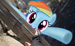 Size: 403x250 | Tagged: safe, rainbow dash, human, pony, g4, bridge, falling, irl, legs, macro, photo, ponies in real life, rock, this will end in vore