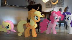 Size: 1280x720 | Tagged: safe, applejack, fluttershy, pinkie pie, rarity, pony, g4, chair, irl, photo, ponies in real life, table