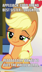 Size: 360x611 | Tagged: safe, edit, screencap, applejack, earth pony, pony, g4, sparkle's seven, cropped, female, friendship throne, gif, non-animated gif, solo, text