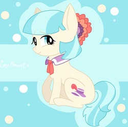 Size: 1087x1080 | Tagged: safe, artist:orangepiepie, coco pommel, earth pony, pony, g4, cocobetes, cute, eyebrows, eyebrows visible through hair, female, flower, flower in hair, mare, sitting, smiling, solo