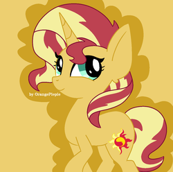 Size: 1087x1080 | Tagged: safe, artist:orangepiepie, sunset shimmer, pony, unicorn, cute, female, looking at you, mare, orange background, shimmerbetes, signature, simple background, smiling, solo, watermark, yellow background