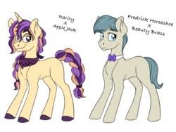 Size: 2048x1536 | Tagged: safe, artist:pastel-charms, oc, oc only, earth pony, pony, unicorn, bowtie, braided tail, duo, female, magical lesbian spawn, male, mare, offspring, parent:applejack, parent:beauty brass, parent:frederic horseshoepin, parent:rarity, parents:rarijack, simple background, stallion, white background