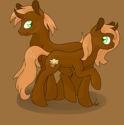 Size: 500x504 | Tagged: artist needed, safe, oc, oc only, oc:handy hooves, oc:muffin mare, pony, unicorn, brother and sister, brown, duo, female, male, mare, stallion